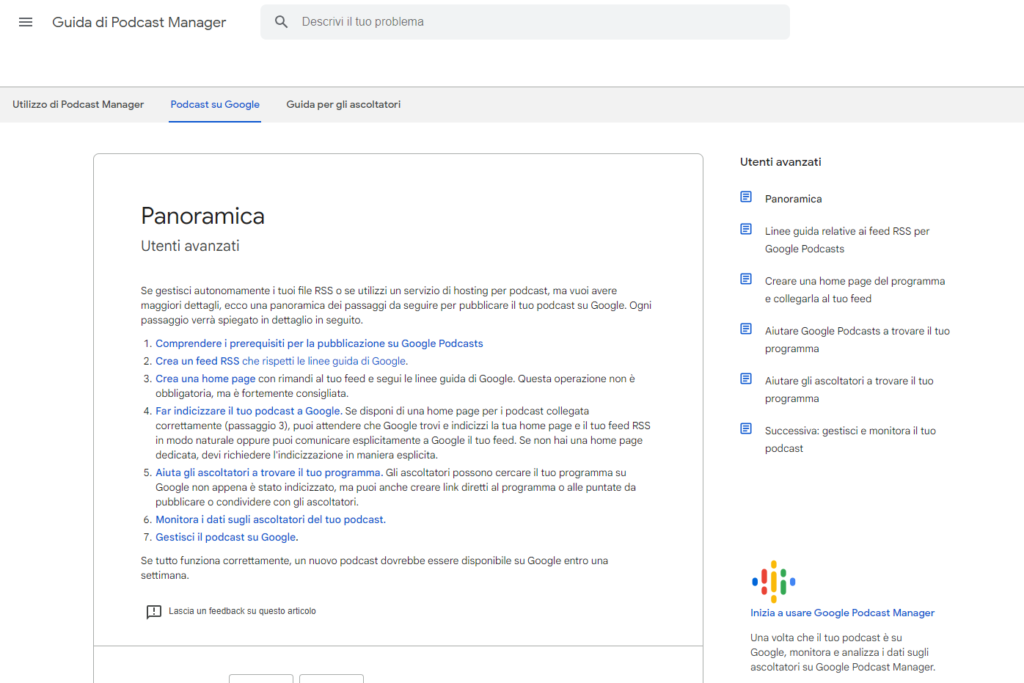linee guida google podcast manager guida